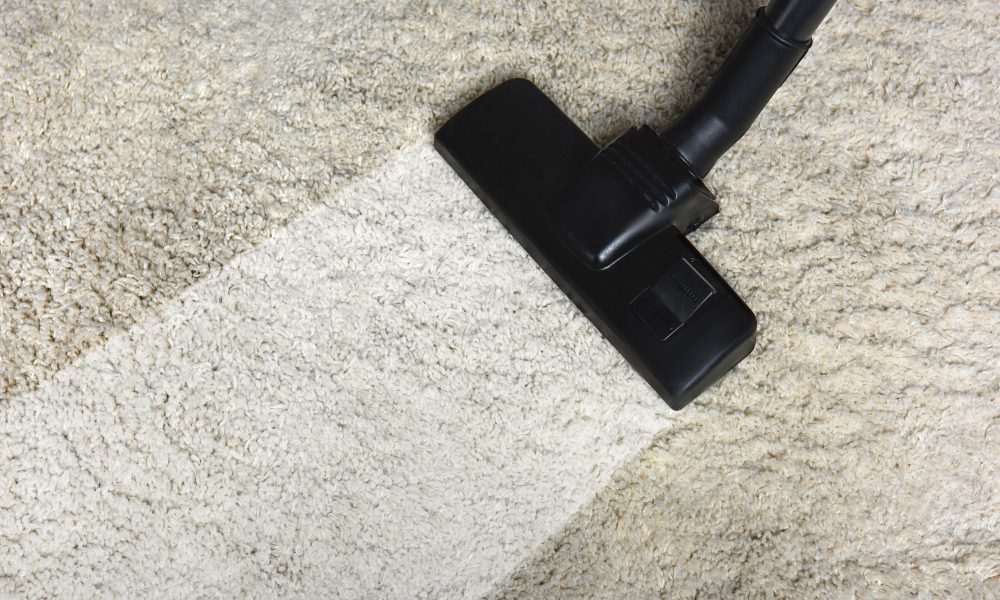 close-up view of cleaning white carpet with professional vacuum cleaner