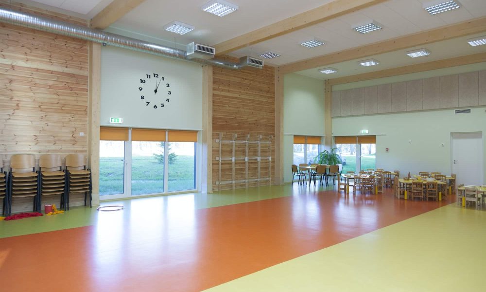 Modern children's day care or pre-school building, open indoors play area
