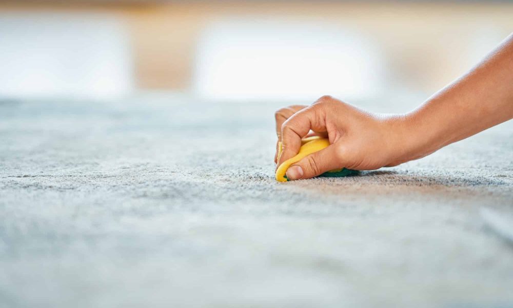 Picture of hand with sponge cleaning carpet